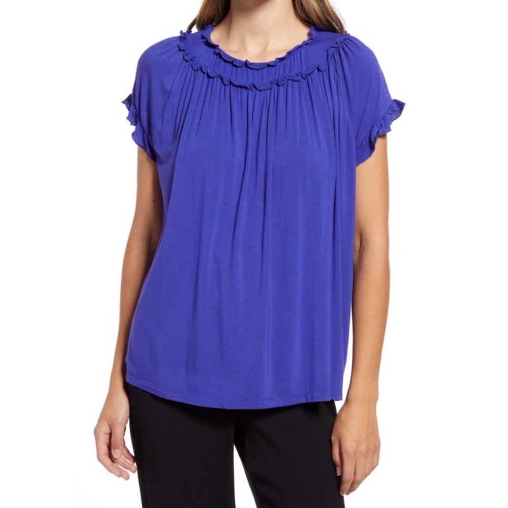 Halogen Ruffle Neck and Sleeve Blue Spectrum Top